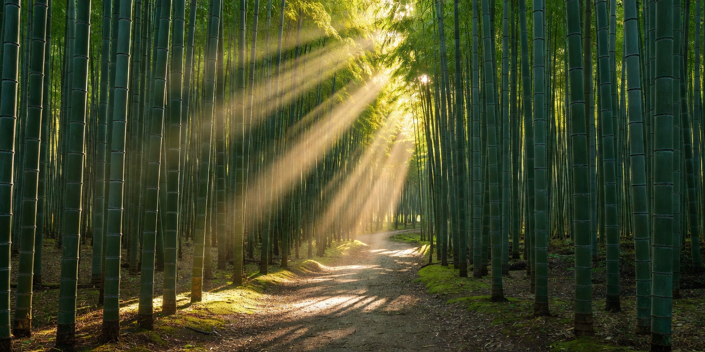 Kyoto bamboo sanctuary path with sun beams filtering through green stalks