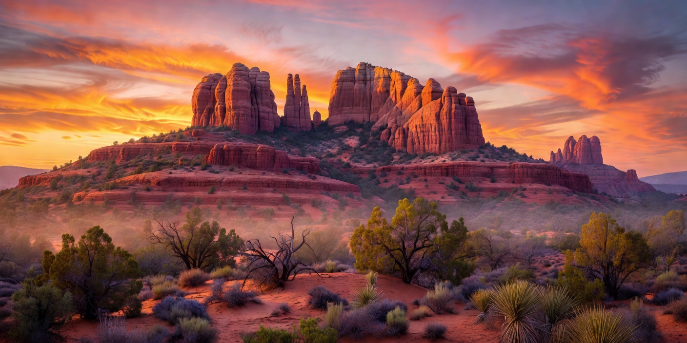 Wide view of Sedona Red Rock formations during sunset